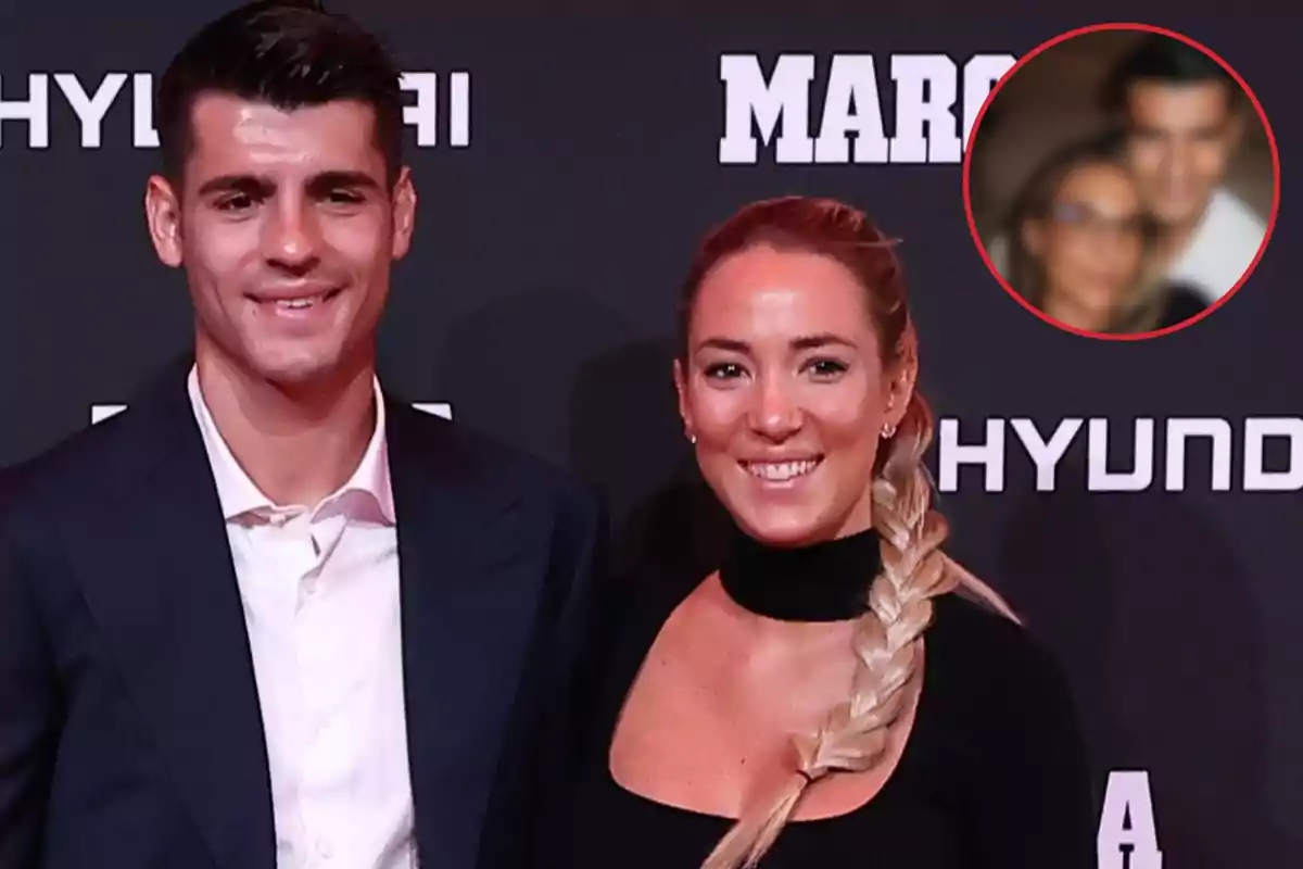 Collage with Álvaro Morata and Alice Campello, posing together and smiling at an event, with a distorted photo of them inside a red circle.