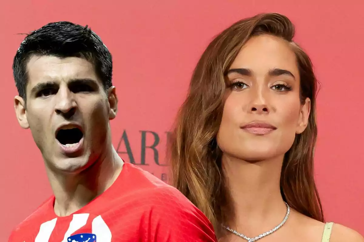 Álvaro Morata amb samarreta de futbol vermella i blanca cridant amb Maria Pombo amb vestit elegant i fons vermell.