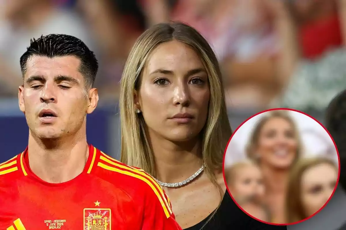 Álvaro Morata amb la samarreta de la selecció espanyola amb Alice Campello amb expressió seriosa i un requadre que en mostra una imatge borrosa somrient.