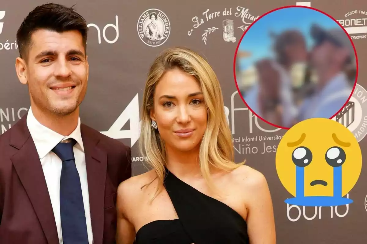 Álvaro Morata i Alice Campello posant en un esdeveniment amb un fons de logotips i un emoji plorant a la cantonada inferior dreta.