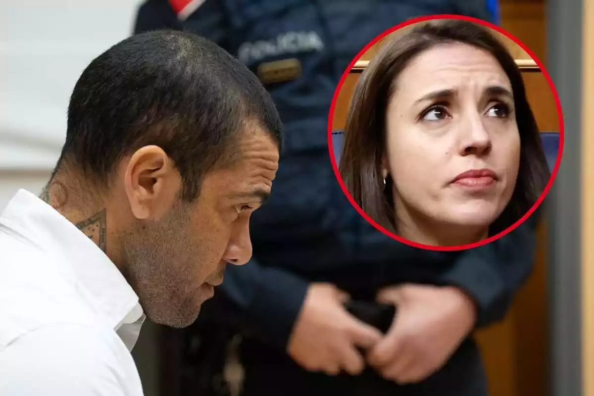 Dani Alves, amb la mirada cap a terra, i al cercle, Irene Montero amb gest seriós