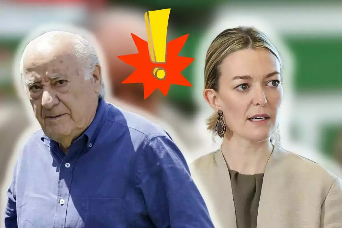 Amancio Ortega y Marta Ortega con un símbolo de exclamación en el centro sobre un fondo desenfocado.