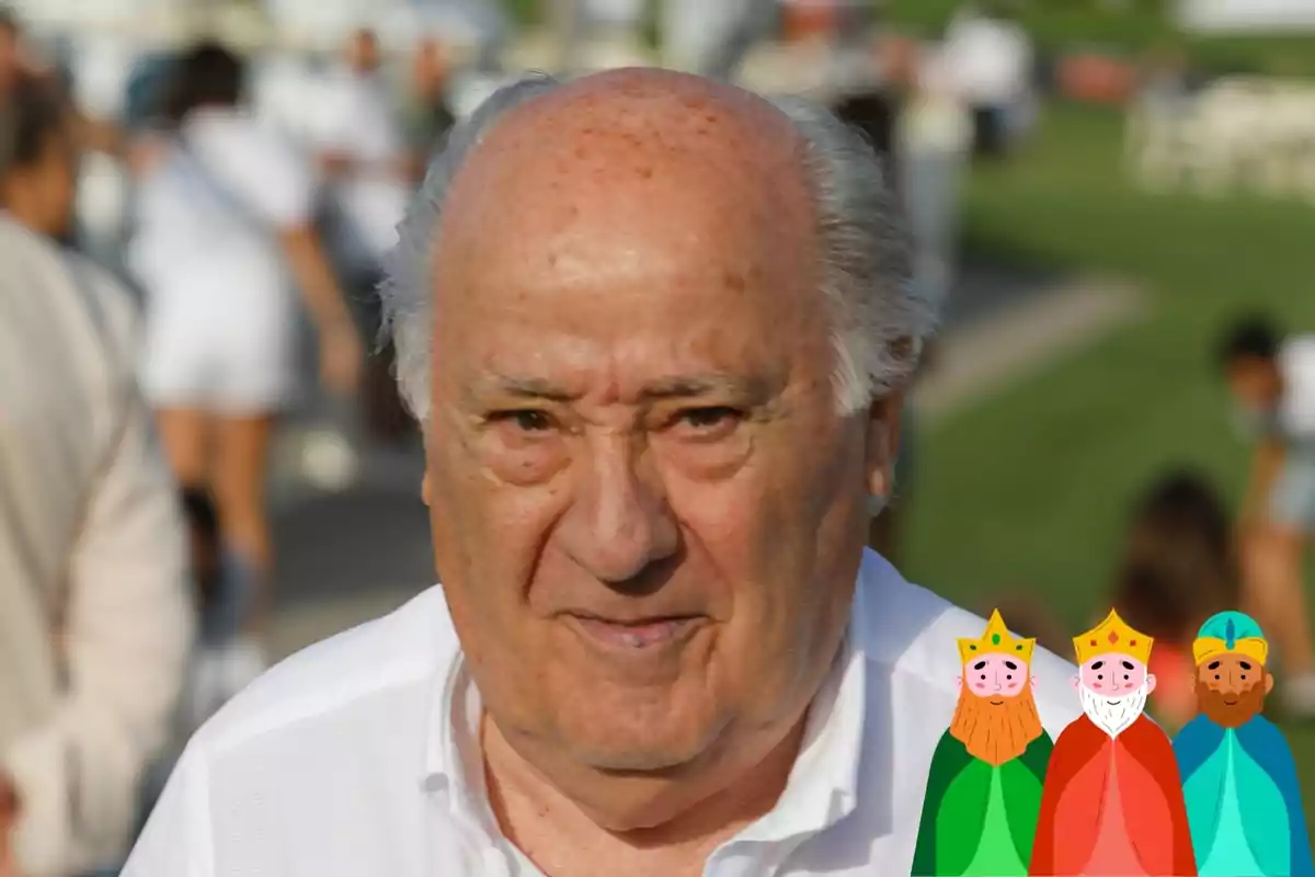 Muntatge d'Amancio Ortega, amb camisa blanca i rostre seriós, amb il·lustracions dels Reis Mags a la cantonada inferior dreta.