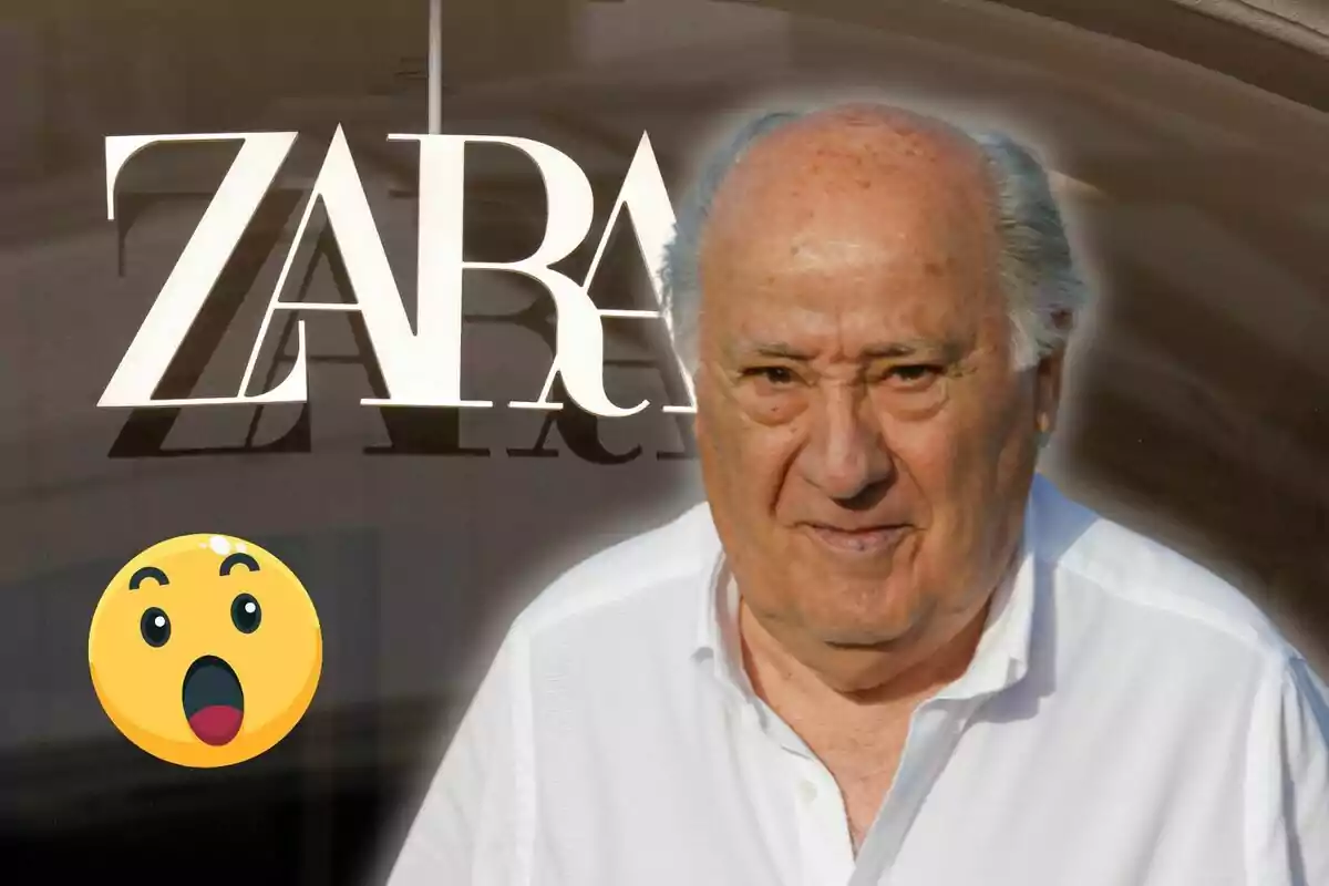 Un home gran amb camisa blanca davant del logo de Zara i un emoji sorprès.