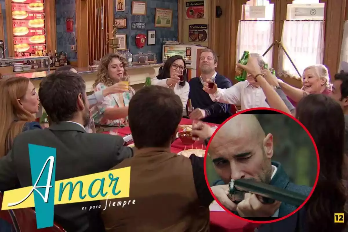 Muntatge amb els personatges d''Amar es para siempre' brindant en un bar, el logo de la sèrie i un avenç de 'Sueño de Libertad'