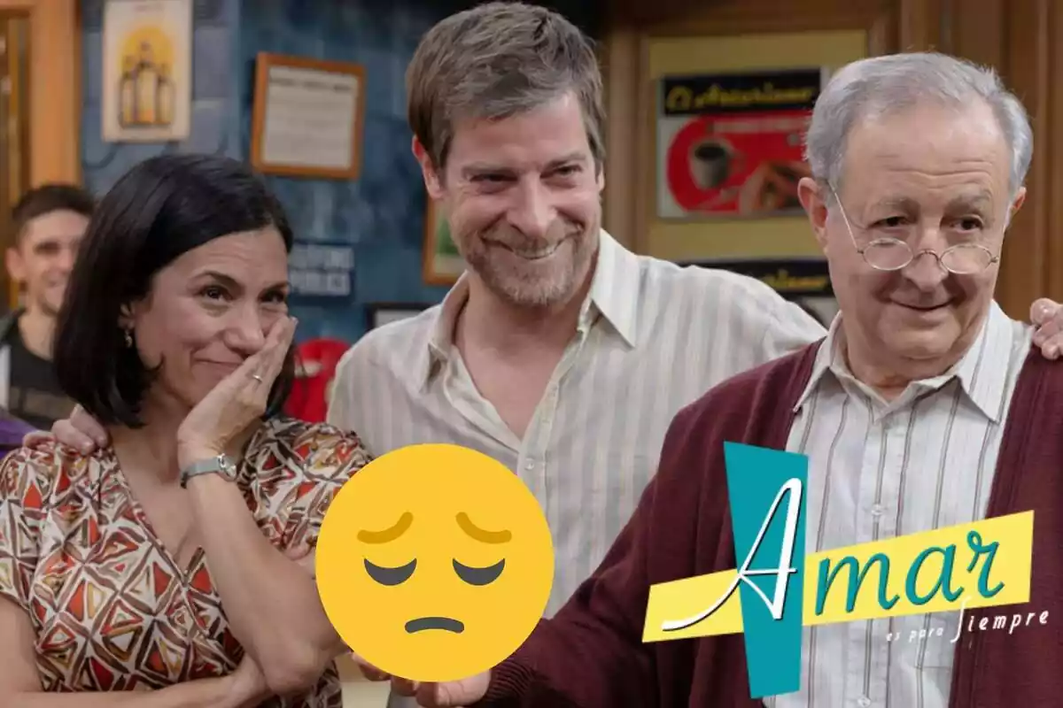 Muntatge d''Amar es para siempre' amb Manolita amb la mà a la cara, Marcelino somrient i Pelayo amb els braços oberts, el logo de la sèrie i un emoji trist
