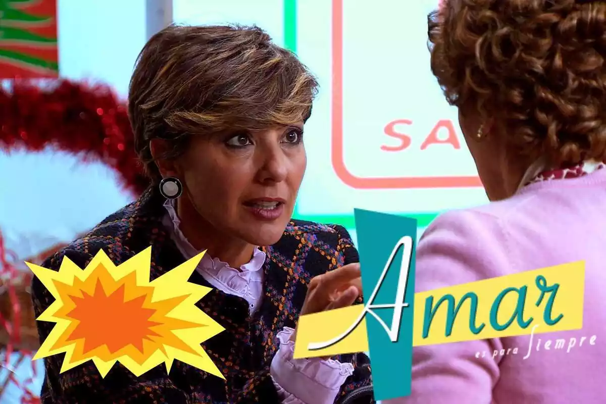 Muntatge d'una captura d''Amar es para siempre' amb Sonsoles Ónega parlant, el logotip de la sèrie i una explosió