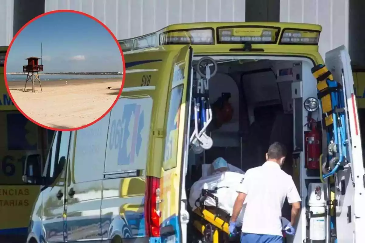 Muntatge d'una ambulància oberta pujant a un pacient i la platja Valdelagrana de Cadis