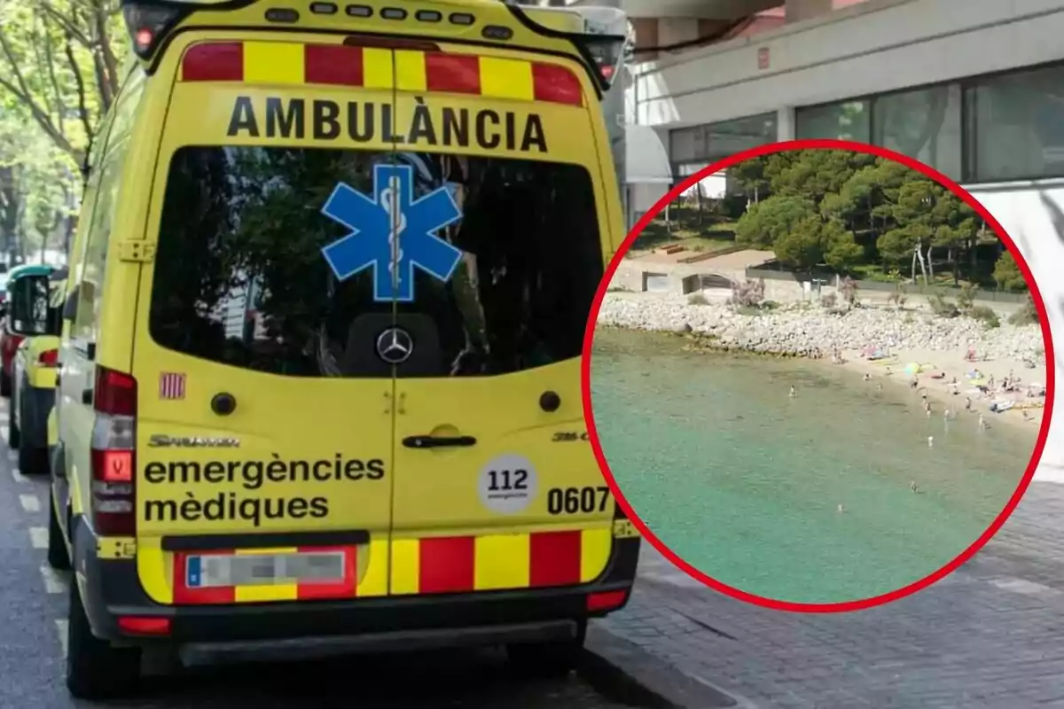 Una ambulància groga amb la inscripció “emergències mèdiques” està estacionada en un carrer, i en un cercle vermell es mostra una platja amb persones gaudint de l'aigua i la sorra.