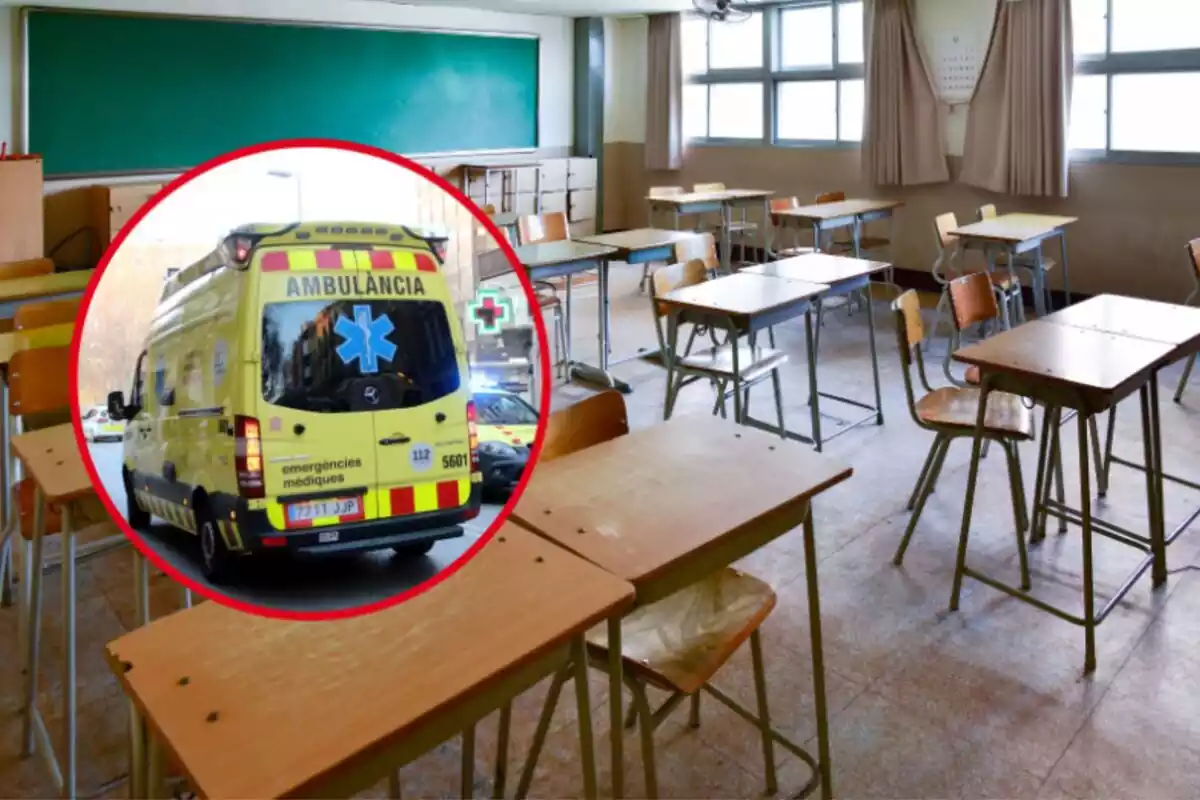 Muntatge amb una ambulància del SEM i una aula d'una escola