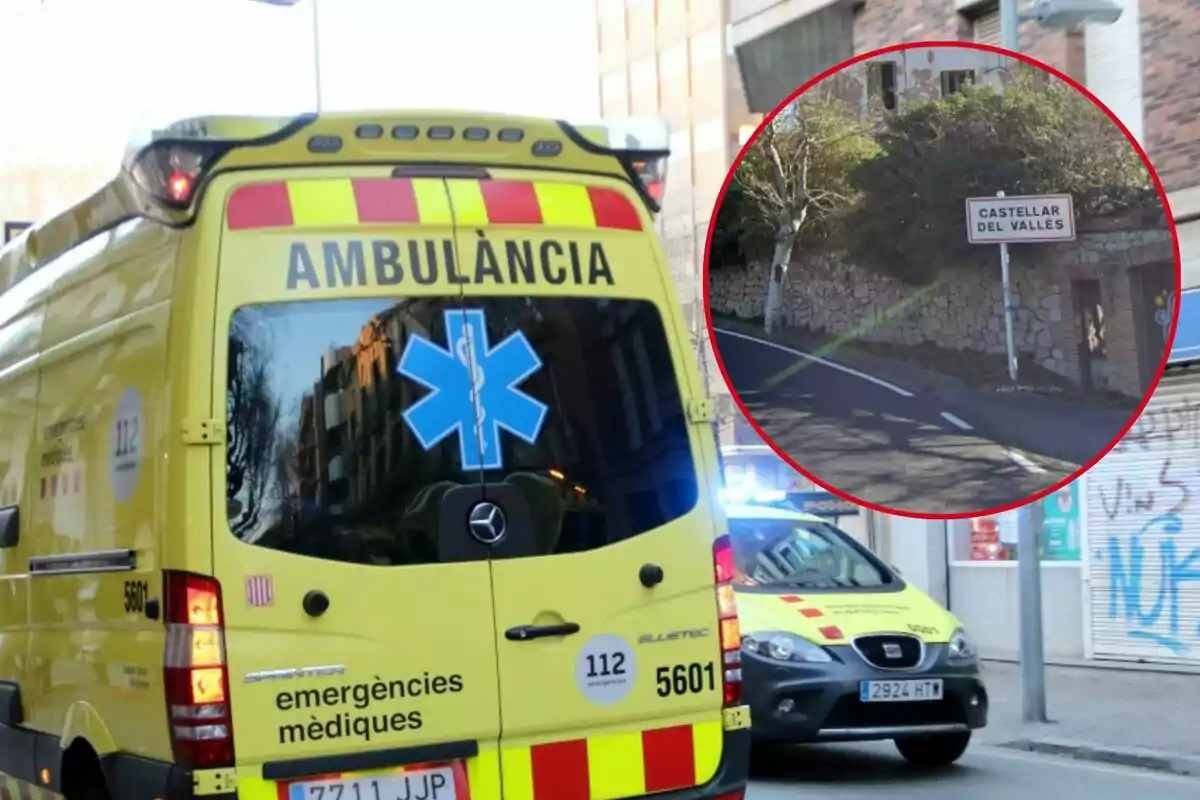 Una ambulancia amarilla con la palabra "AMBULÀNCIA" en la parte trasera está estacionada en una calle, y en un recuadro se muestra un cartel que indica "Castellar del Vallès".