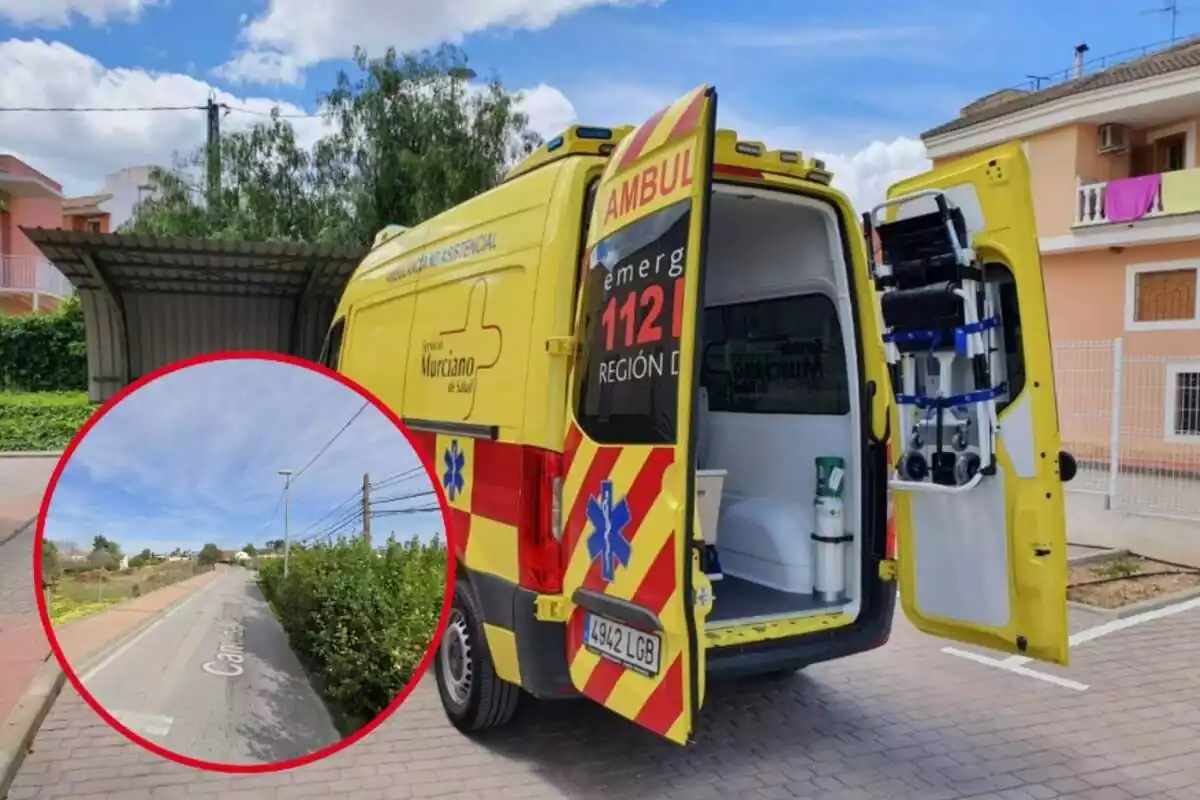 Muntatge d'una ambulància de la Regió de Múrcia oberta i el camí Carcanox a Alqueries