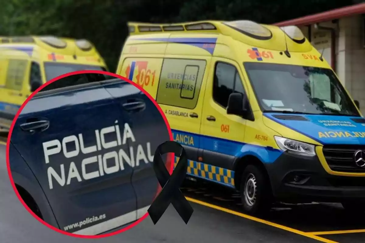 Una ambulància groga i blava amb el logotip d'Urxencias Sanitarias 061 està estacionada, i en un requadre es mostra un vehicle de la Policia Nacional; al centre de la imatge hi ha un llaç negre.