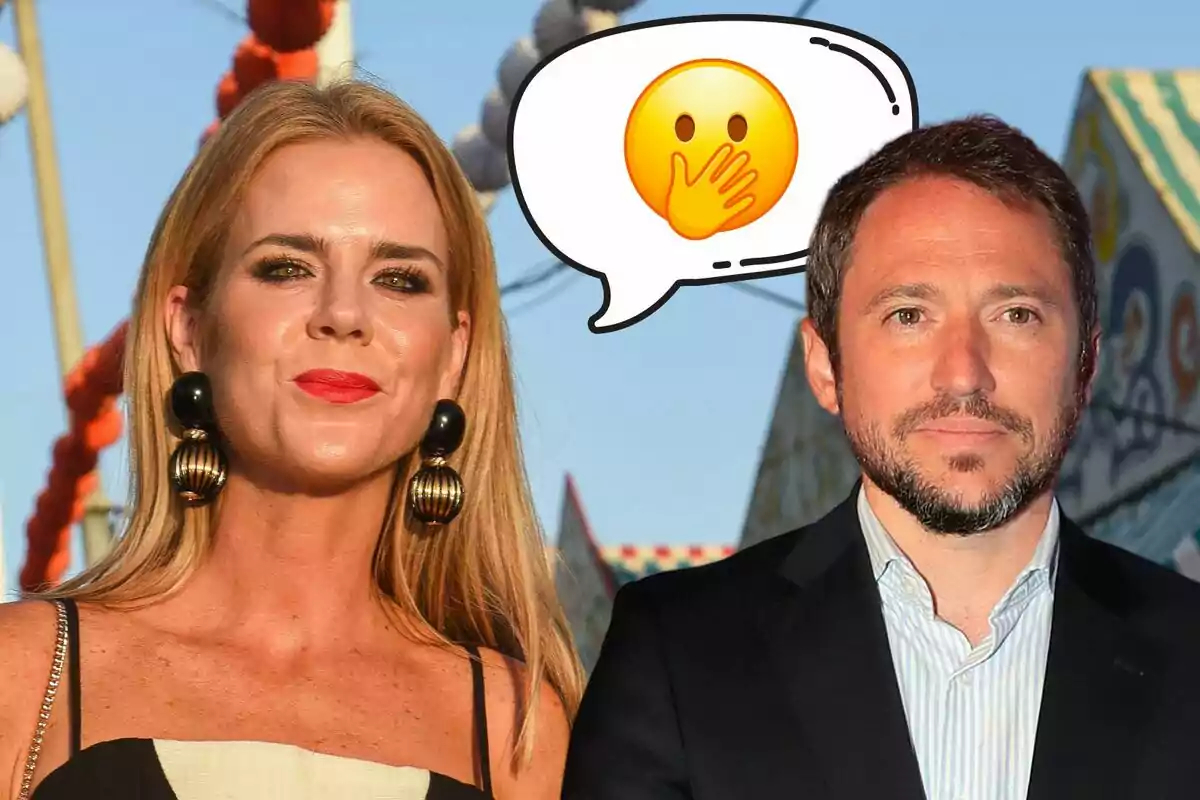 Amelia Bono i Manuel Martos posen junts a l'aire lliure, amb un emoji de sorpresa en un globus de diàleg sobre ells.