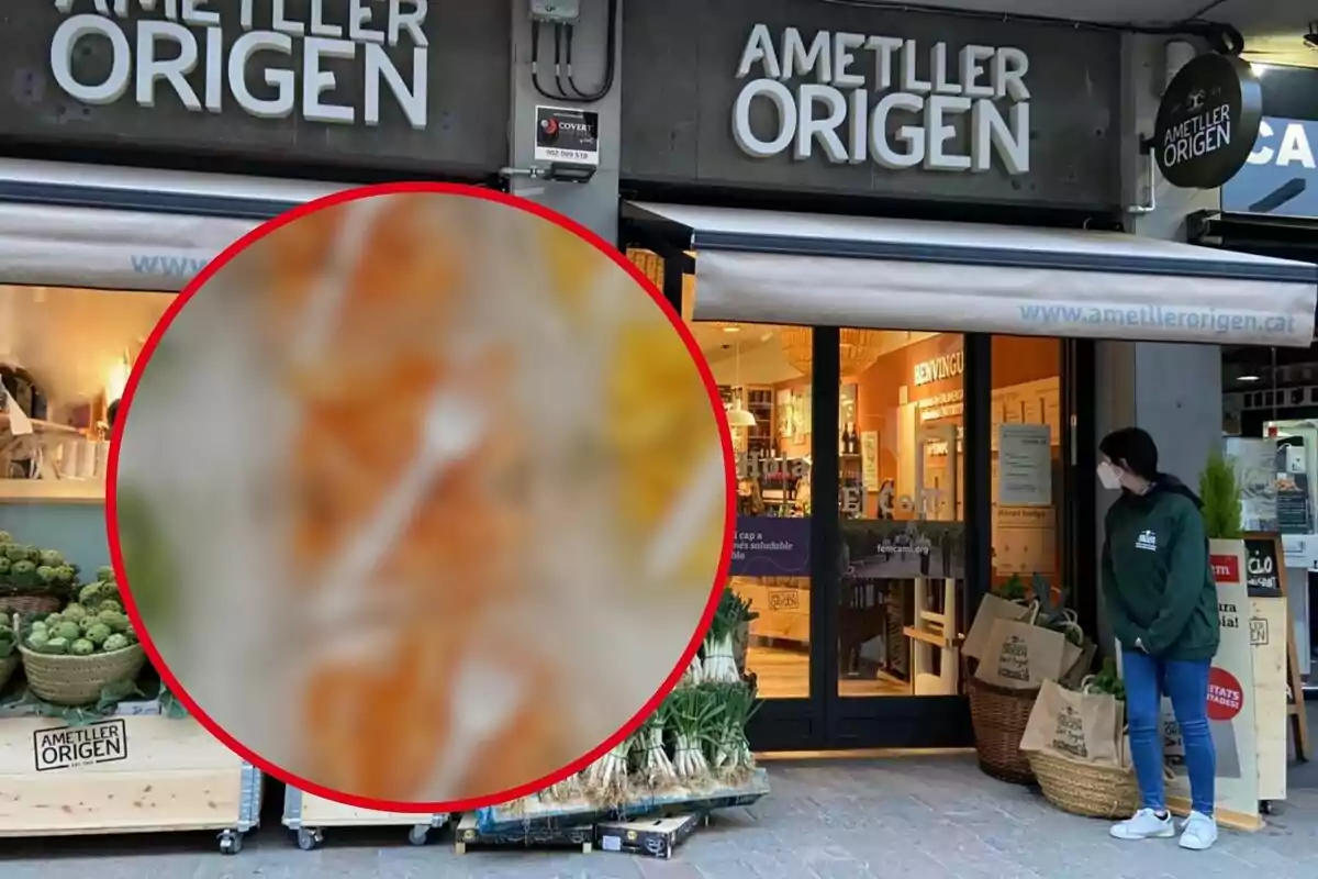 Muntatge botiga Ametller Origen i un embassament de fruita difuminat