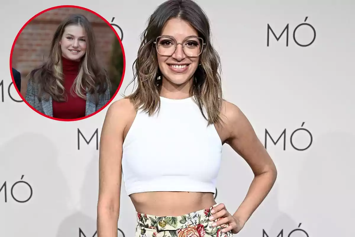 Ana Guerra con gafas y una blusa blanca sin mangas posa sonriendo frente a un fondo con el logo "MÓ"; en la esquina superior izquierda hay un círculo rojo con la imagen de la princesa Leonor con cabello largo y suelto, usando un suéter rojo y una chaqueta gris.