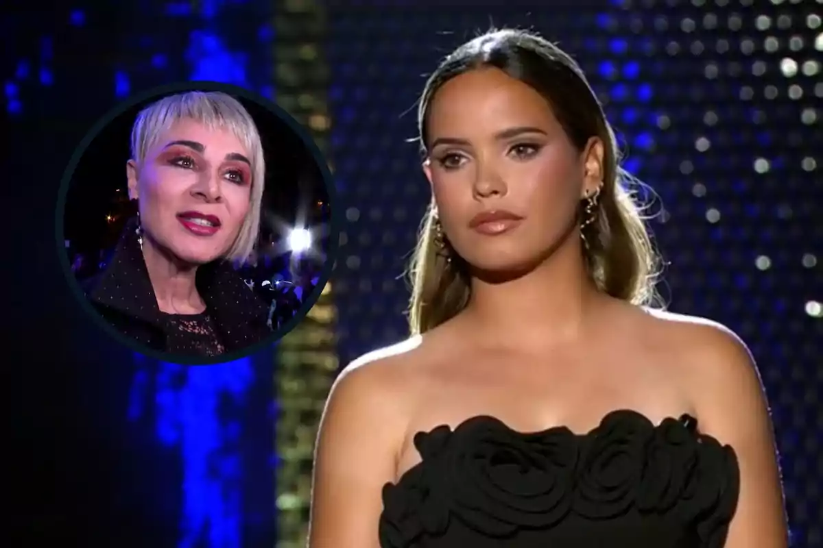 Installation with Gloria Camila with a serious face and a constellationless section and Ana María Aldón smiled in a black circle.