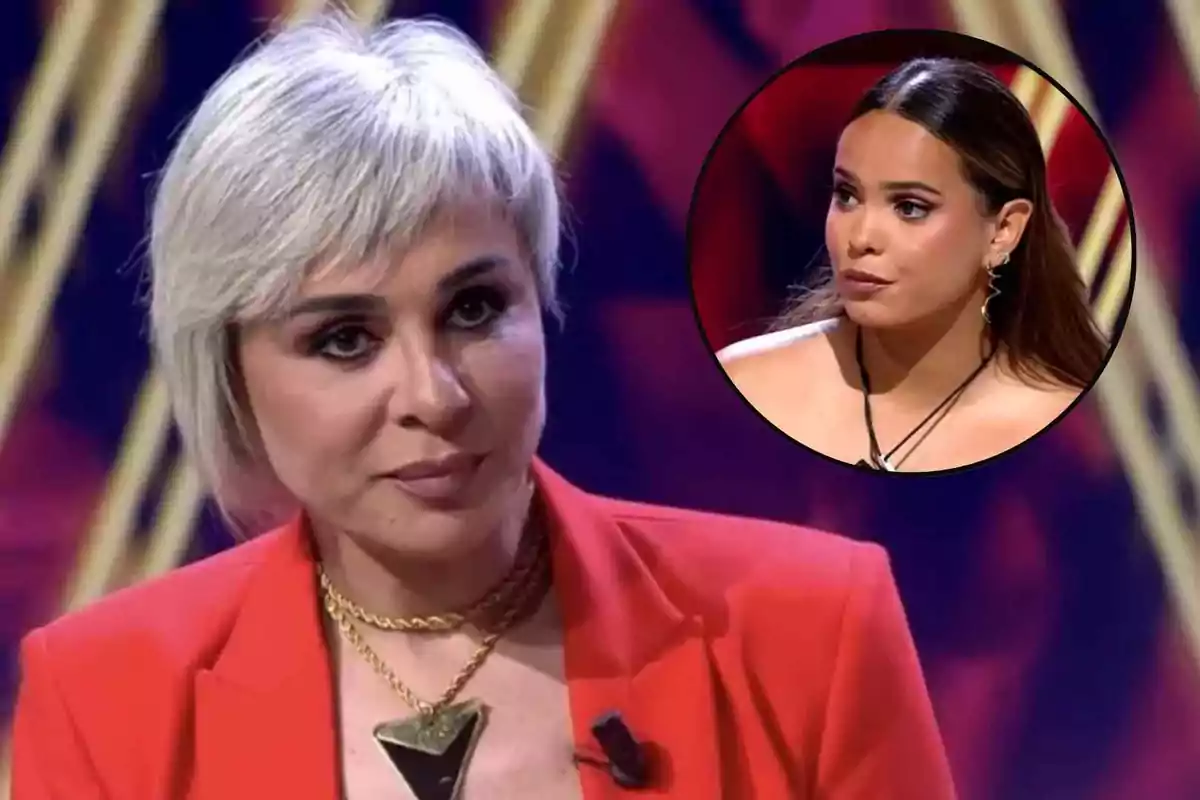 Ana María Aldón i Gloria Camila en un programa de televisió, una amb cabell curt i ros i l'altra amb cabell llarg i fosc en un requadre circular. Ana María Aldón i Gloria Camila en un programa de televisió, una amb cabell curt i ros i l'altra amb cabell llarg i fosc en un requadre circular.