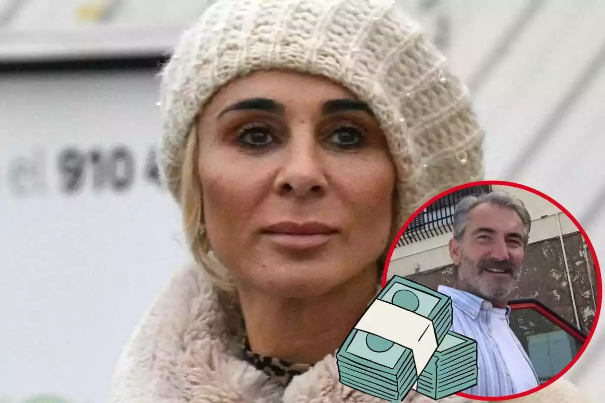 Muntatge de primer pla d'Ana María Aldón amb una gorra de llana, Eladio somrient i diners