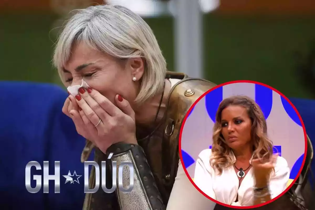 Muntatge de 'GH Dúo' amb Ana María Aldón plorant amb un mocador al nas, Marta López mirant de banda amb la mà amunt i el logo del programa