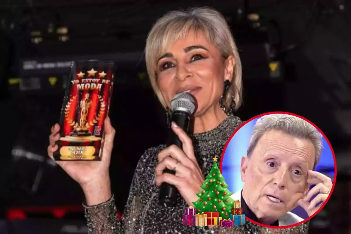 Muntatge amb Ana María Aldón amb un premi en una mà i un micròfon a l'altra, José Ortega Cano recolzant-se el cap i un arbre de Nadal