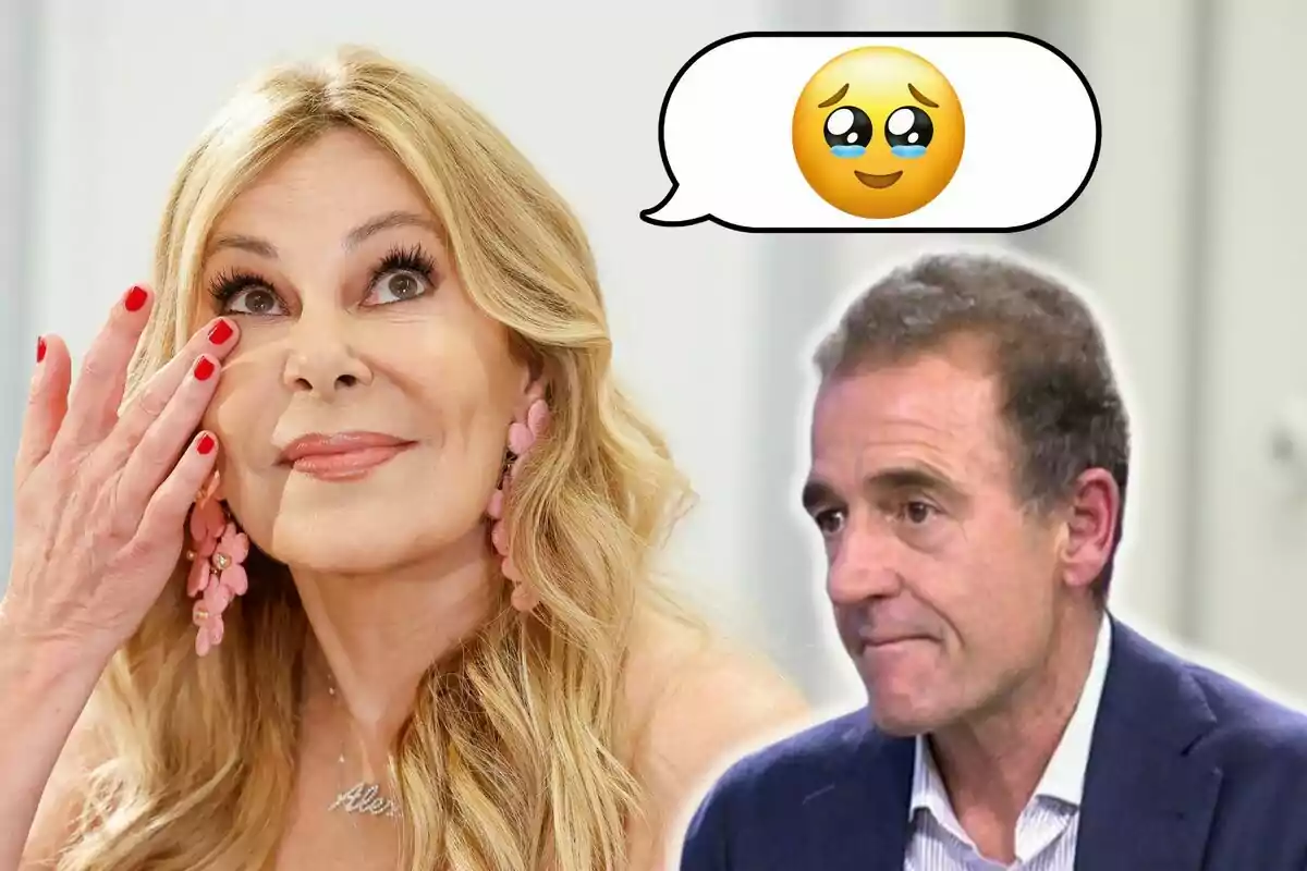 Ana Obregónn amb expressió emotiva es toca la cara mentre Alessandro Lequio l'observa; hi ha un emoji dulls plorosos en un globus de diàleg.