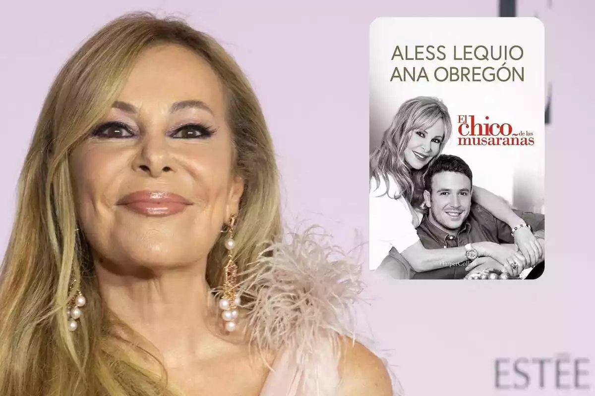 Muntatge amb un primer pla d'Ana Obregón a la gala Elle Cáncer Ball i el llibre d'Aless Lequio, 'El chico de las musarañas'