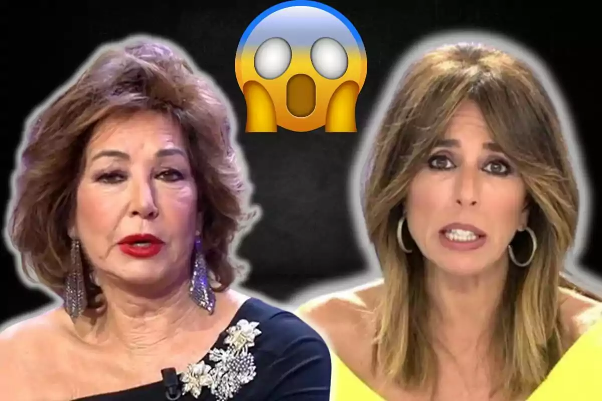 Ana Rosa Quintana y Ana Terradillos con expresiones sorprendidas y un emoji de cara asombrada en el centro.