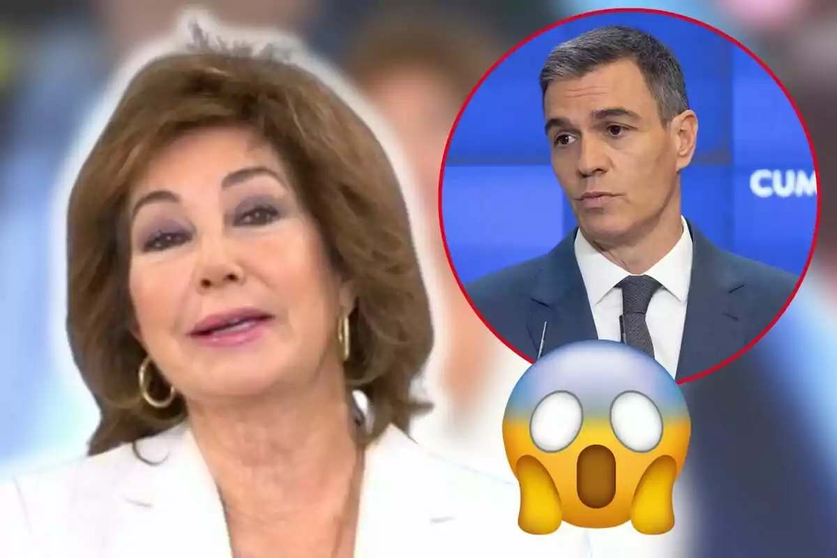 Ana Rosa Quintana con expresión seria y Pedro Sánchez en un círculo rojo con un emoji sorprendido en primer plano.