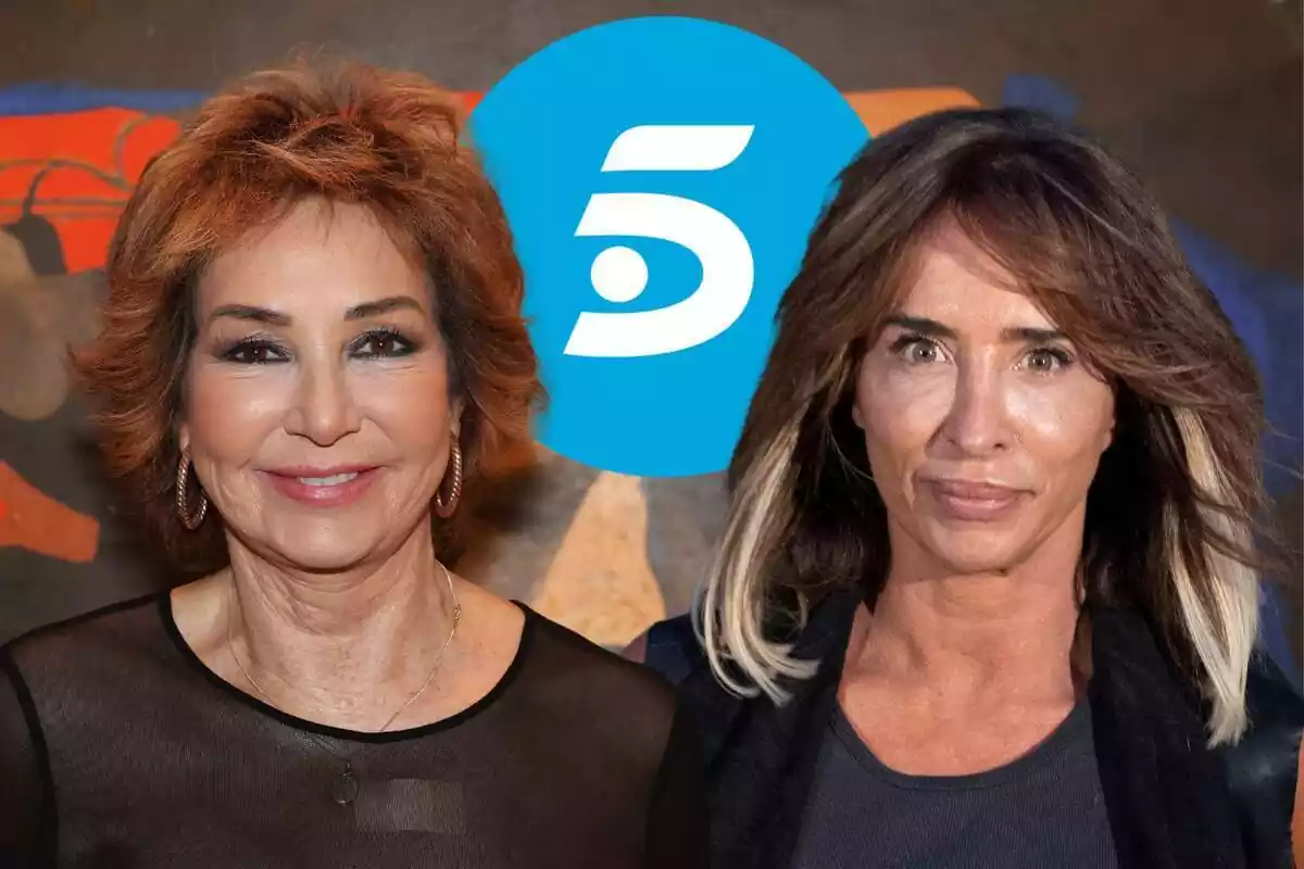 Muntatge d'Ana Rosa Quintana somrient amb una samarreta negra transparent, María Patiño amb rostre neutre i metxa rosses i el logotip de Telecinco