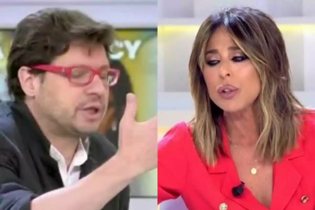 El col·laborador Fernando Berlín amb la mà assenyalant a l'esquerra amb Ana Terradillos enfadada parlant a la dreta, tots dos a La Mirada Crítica.