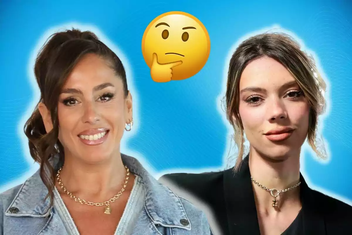 Anabel Pantoja y Alejandra Rubio posan frente a un fondo azul con un emoji pensativo entre ellas.