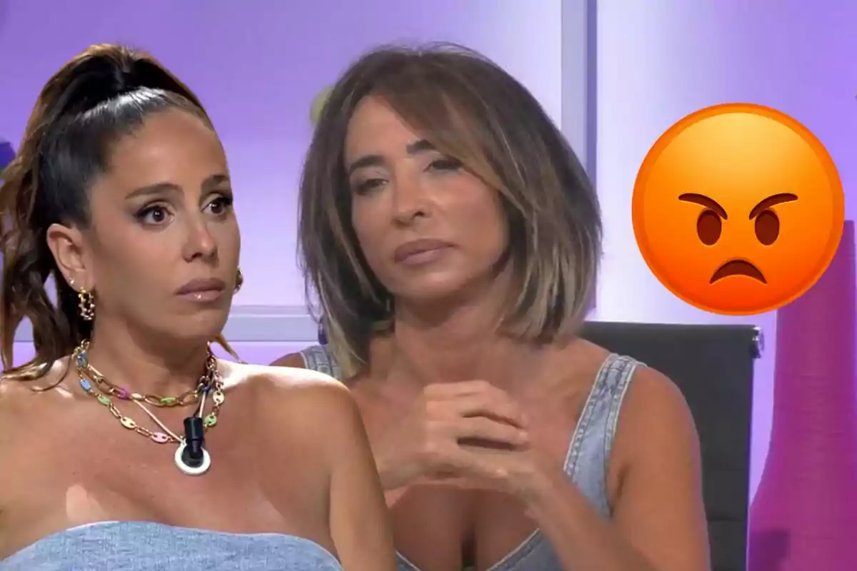 Anabel Pantoja i María Patiño amb expressions serioses i un emoji d'enuig al fons.