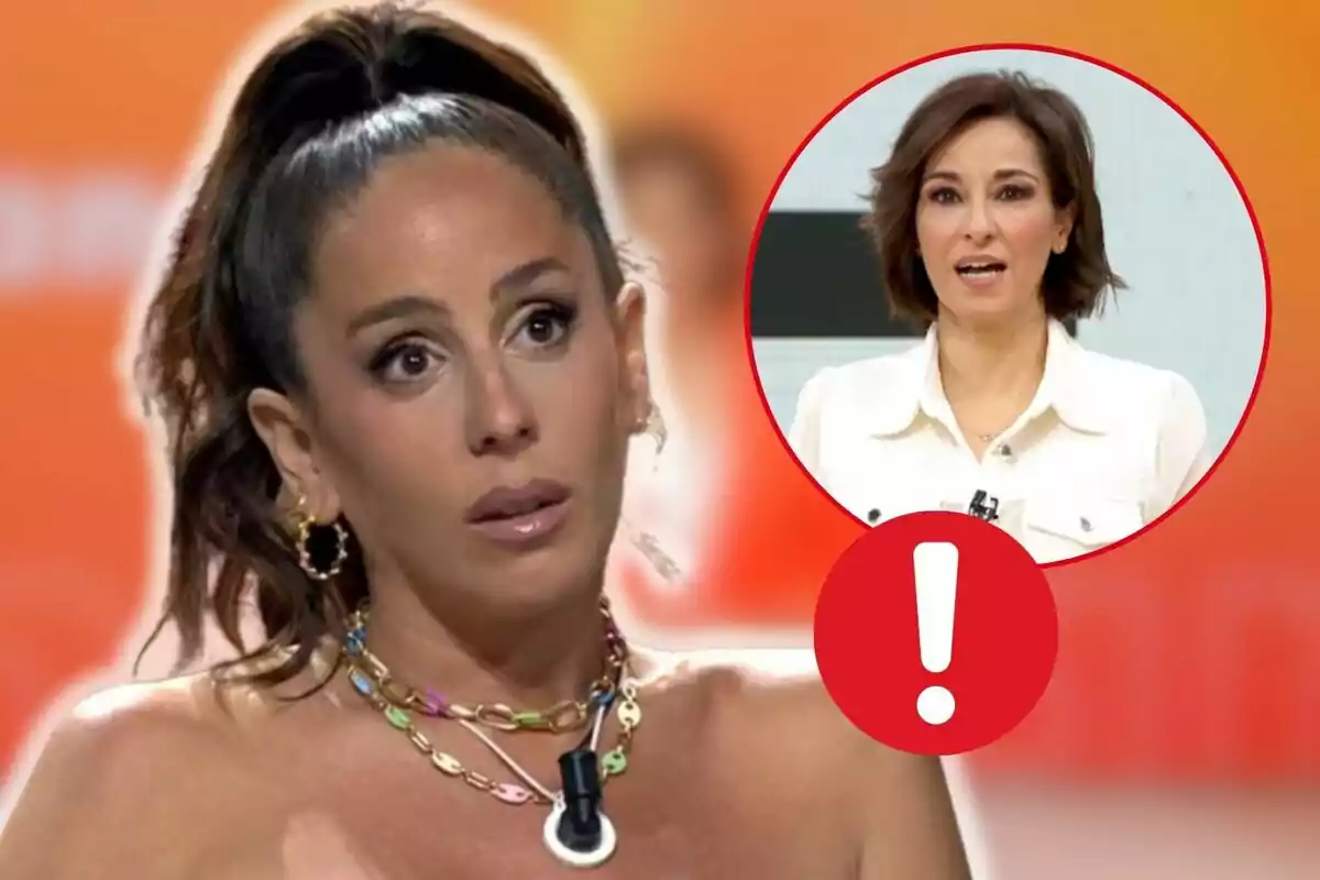 Anabel Pantoja amb expressió seriosa en un programa de televisió amb un requadre que mostra Adela González parlant i una icona d'exclamació en vermell.