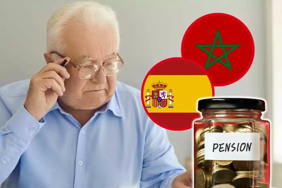 Home gran amb ulleres i camisa blava mirant documents, amb les banderes d'Espanya i el Marroc i un flascó de monedes etiquetat com a “Pension”.