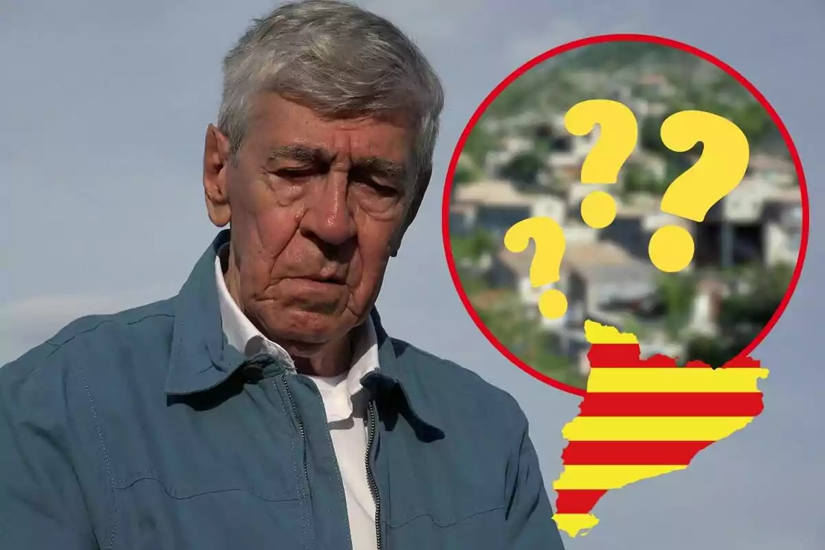 Un home gran amb seriosa expressió, amb un cercle que conté signes d'interrogació i una silueta de Catalunya amb la bandera catalana.