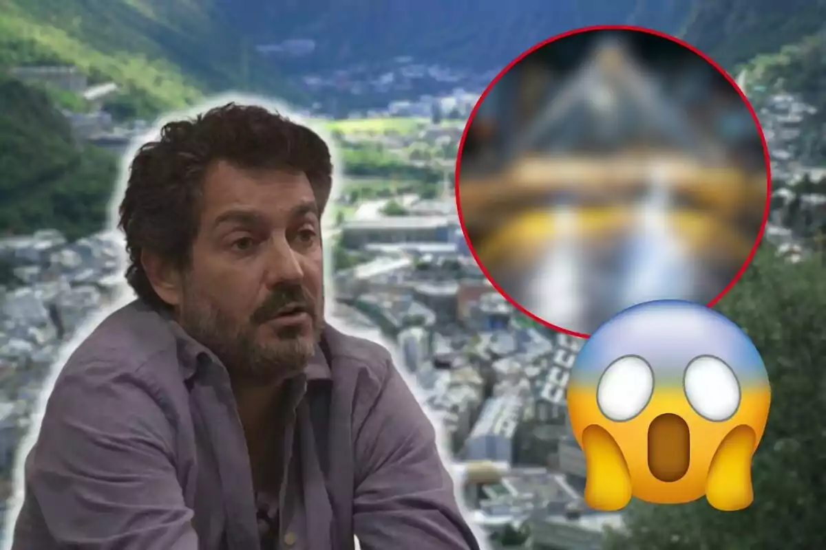 Marc Cartes amb barba i cabell fosc apareix en primer pla amb una expressió seriosa, mentre que al fons es veu un paisatge muntanyós i Andorra la Vella; a més, hi ha un cercle borrós ressaltat i un emoji de cara sorpresa a la cantonada inferior dreta.