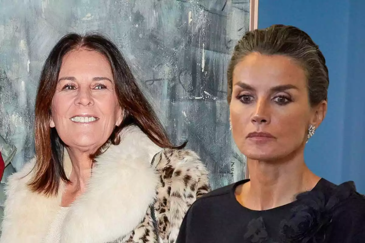 Muntatge amb Ángela Portero somrient amb una jaqueta de pell i Letizia seriosa amb la mirada a baix