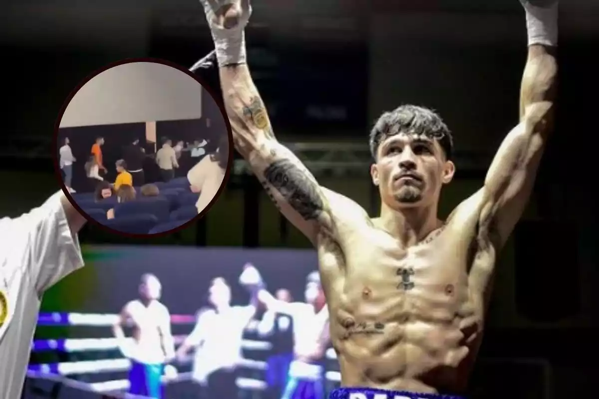 Muntatge d'Antonio Barrul sent campió en un combat de boxa amb el vestit esportiu i una retallada del vídeo on es baralla amb un agressor en un cinema