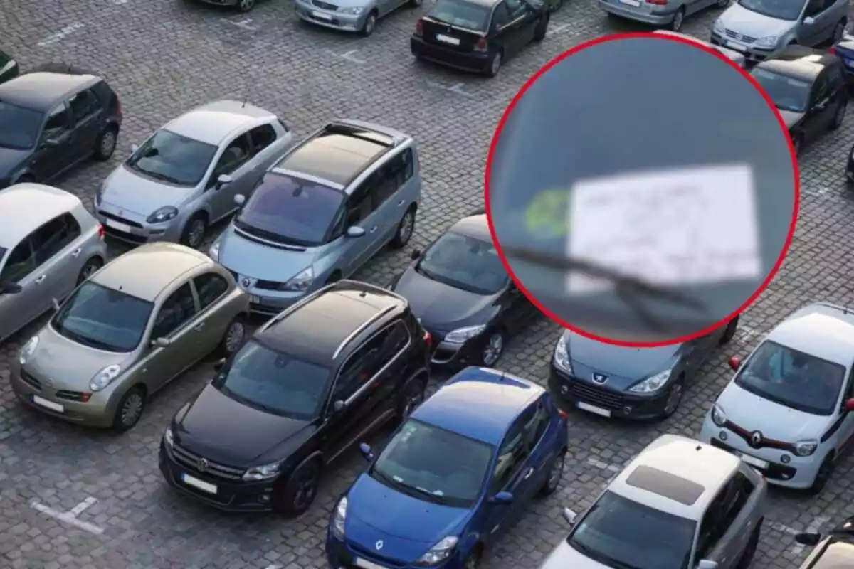 Muntatge d´un aparcament amb cotxes aparcat i un paper al vidre davanter d´un cotxe desenfocat