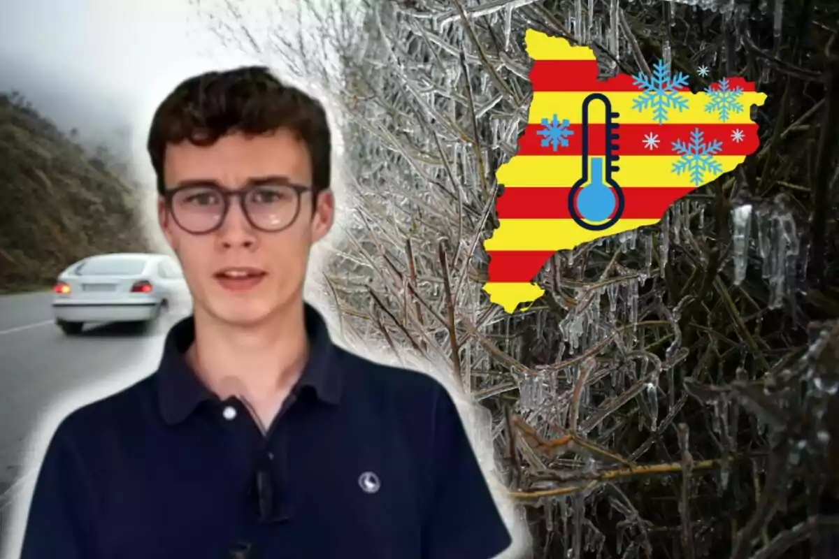 Jorge Rey amb ulleres apareix davant d'un fons hivernal amb branques cobertes de gel i un mapa amb un termòmetre i flocs de neu.