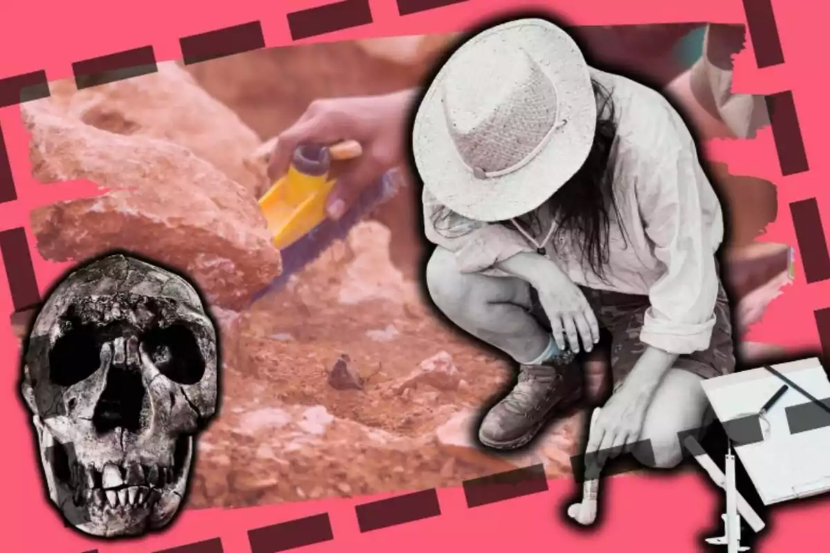 Una persona amb barret i botes està ajupida usant un pinzell en un lloc d'excavació, al costat d'una calavera i eines sobre un fons rosa.