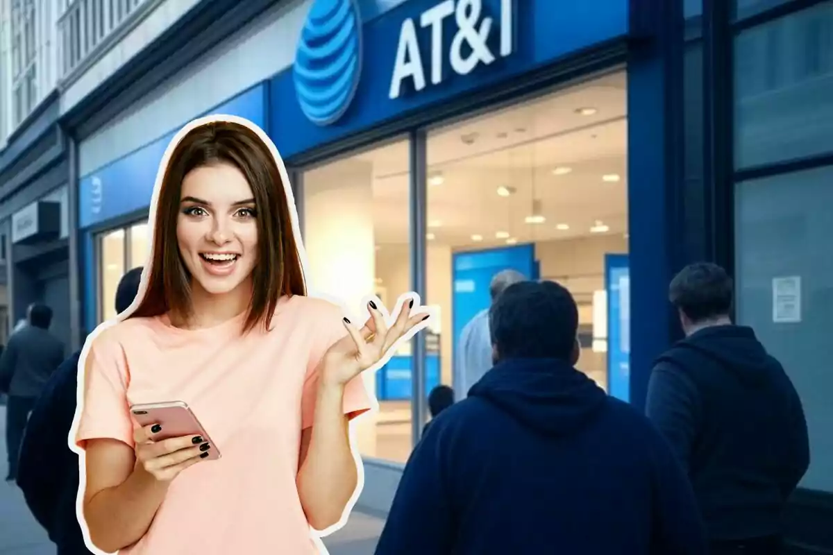 A smiling woman with a phone in her hand in front of an AT&T store with people entering.