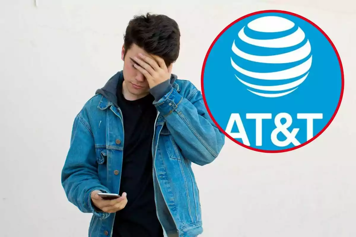 A young man in a denim jacket holds a phone while covering his face with one hand; next to him, the AT&T logo in a red circle.