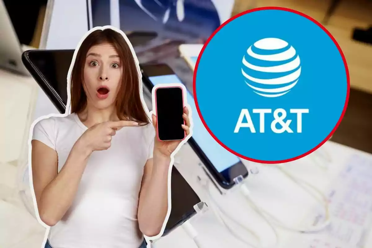 A surprised person points to a mobile phone, with the AT&T logo next to it.