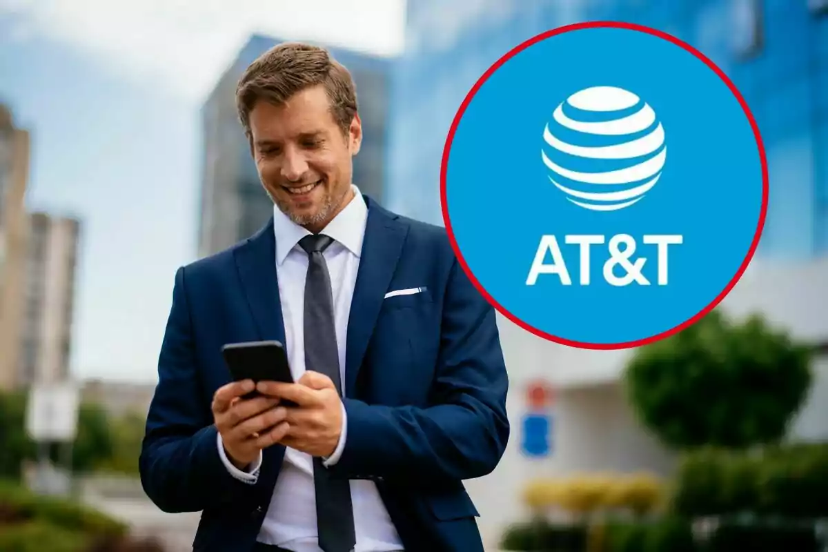 A man in a suit smiles while looking at his mobile phone with the AT&T logo in a red circle next to it. A man in a suit smiles while looking at his mobile phone with the AT&T logo in a red circle next to it.