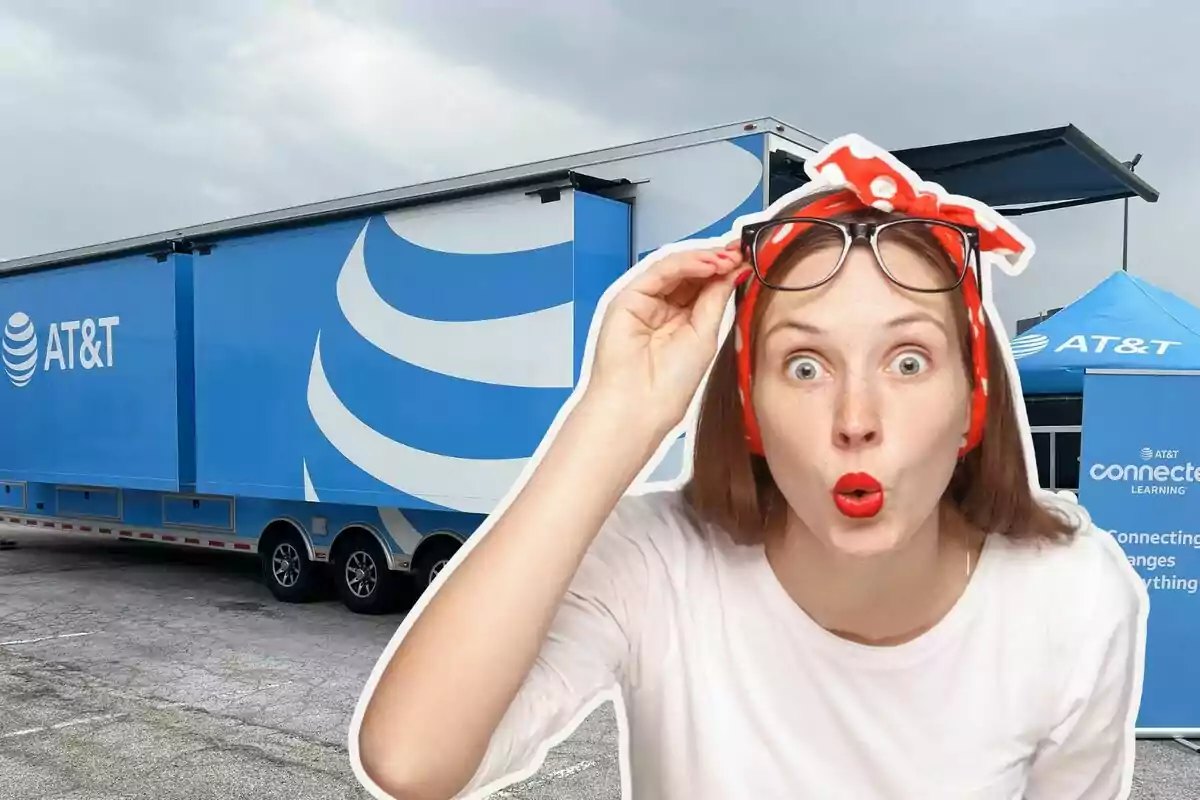 Mujer sorprendida frente a un camión y una carpa de AT&T. Mujer sorprendida frente a un camión y una carpa de AT&T.