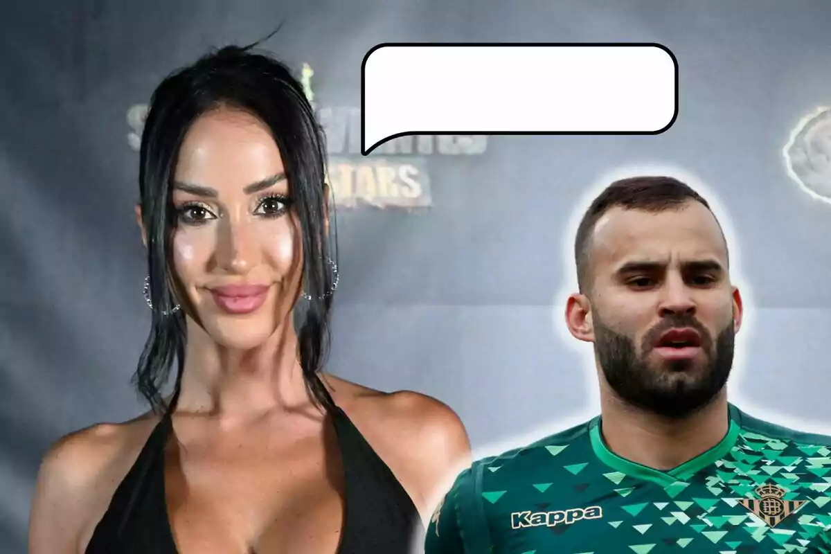 Muntatge d'Aurah Ruiz somrient amb tirants negres, Jesé Rodríguez amb la samarreta del Real Betis i una icona de missatge