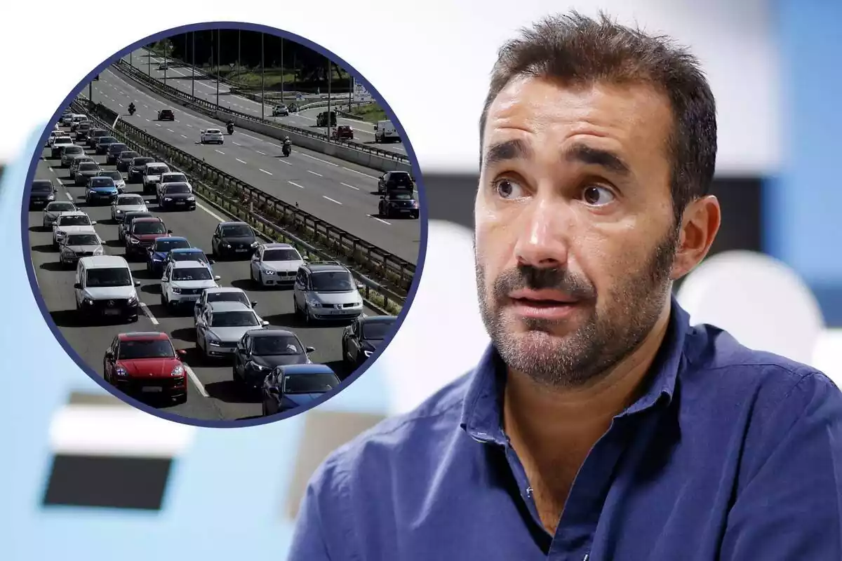 Muntatge amb la cara de Juanma Castaño i un cercle amb una autopista plena de cotxes circulant