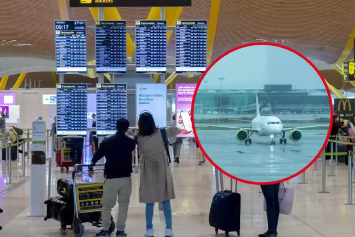 Muntatge amb passatgers esperant el seu vol a l'Aeroport del Prat i un avió